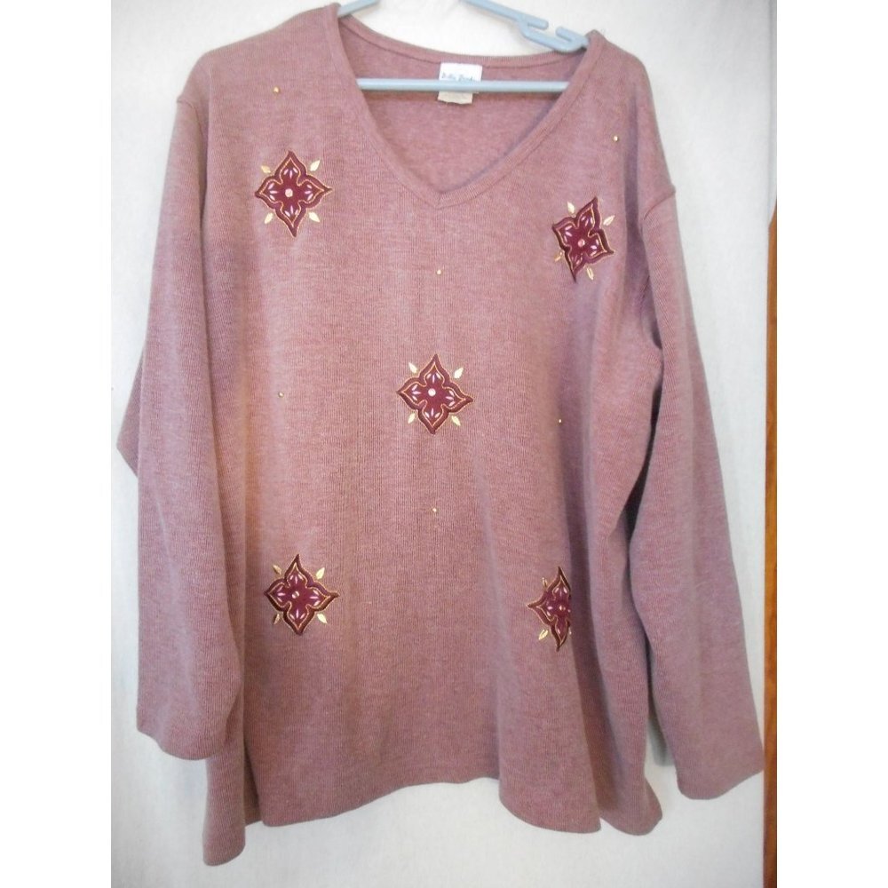 Mauve Gold Sz 26W / 28W V-neck cotton blend Knit top / Sweater  gold accents